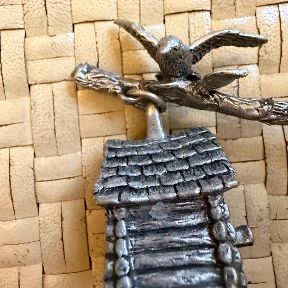 Vintage pewter candle, snuffer bird on branch and birdhouse 6 inches